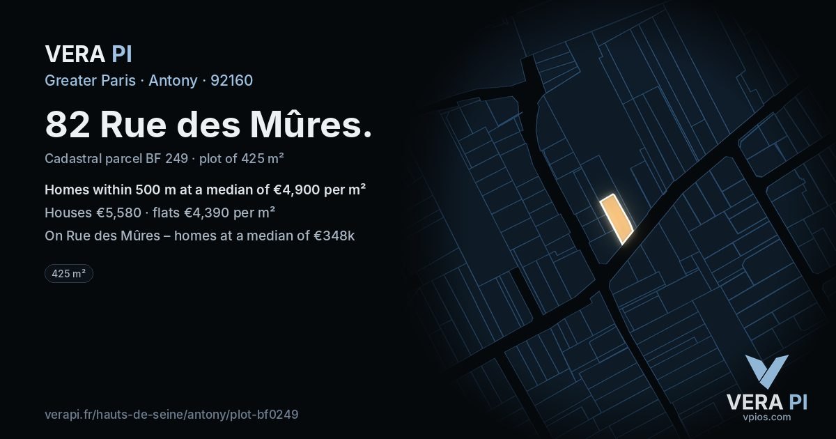82 Rue des Mûres, Antony at night – the plot lit, the parcels around coloured by the prices near them