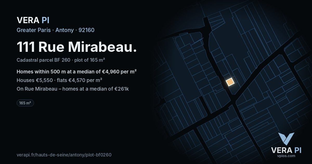 111 Rue Mirabeau, Antony at night – the plot lit, the parcels around coloured by the prices near them