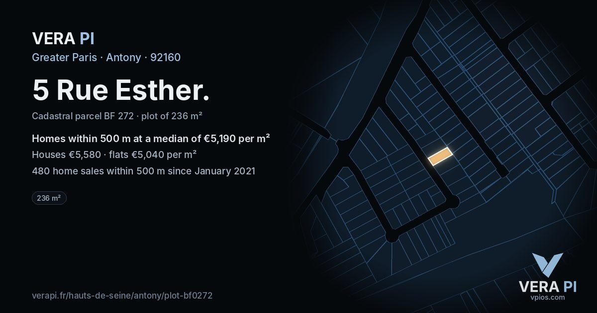 5 Rue Esther, Antony at night – the plot lit, the parcels around coloured by the prices near them