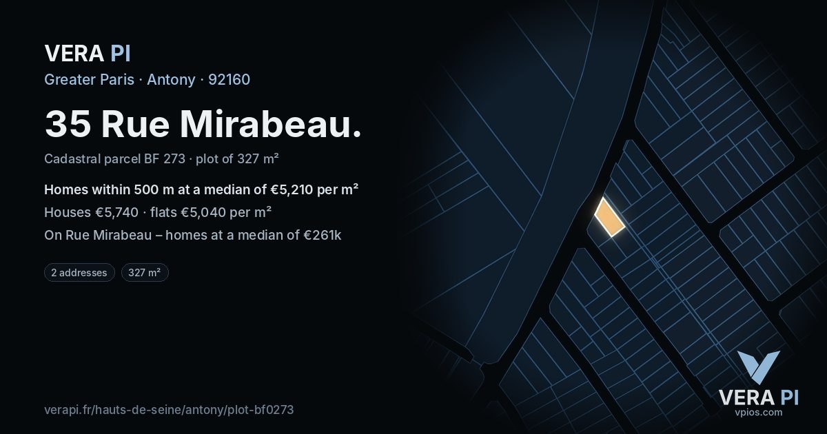 35 Rue Mirabeau, Antony at night – the plot lit, the parcels around coloured by the prices near them