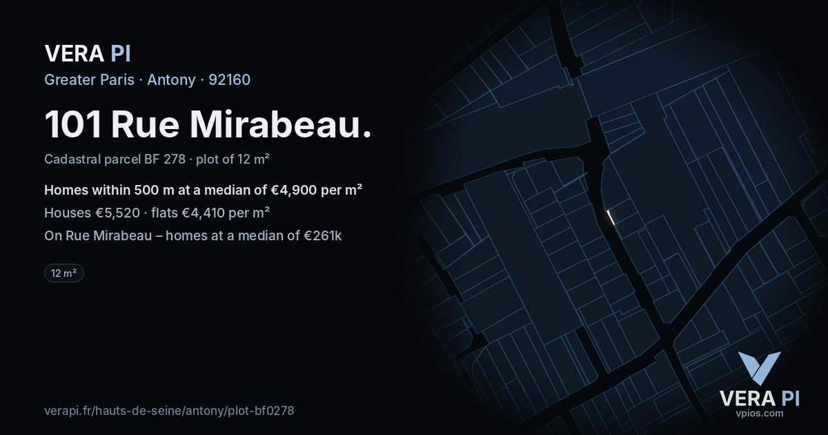 101 Rue Mirabeau, Antony at night – the plot lit, the parcels around coloured by the prices near them