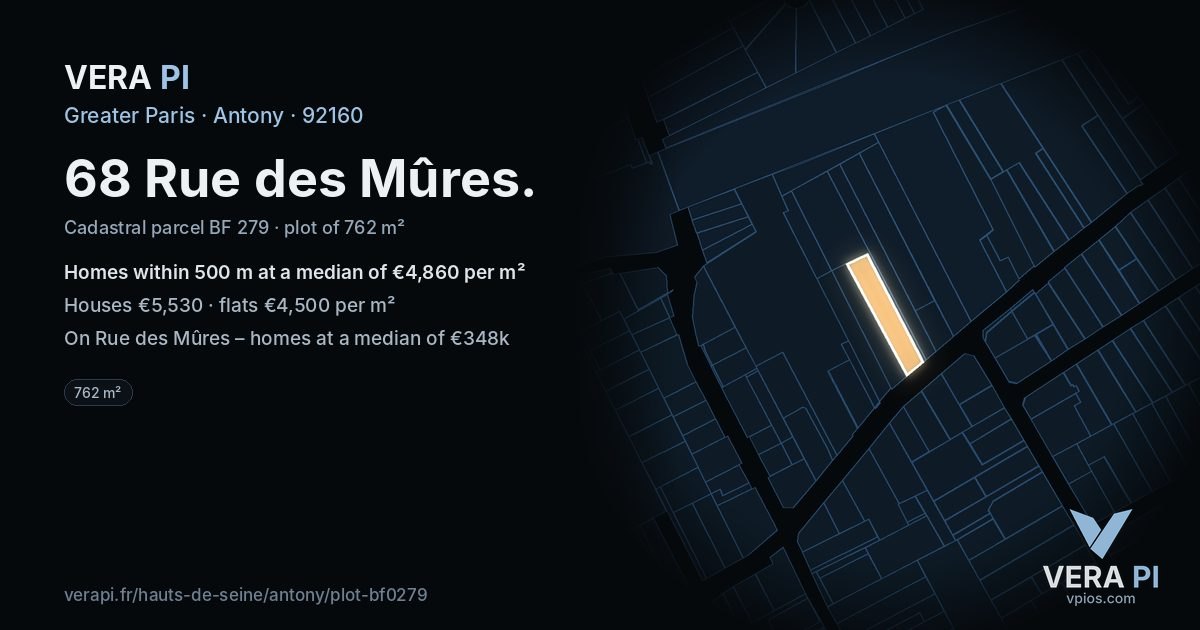 68 Rue des Mûres, Antony at night – the plot lit, the parcels around coloured by the prices near them