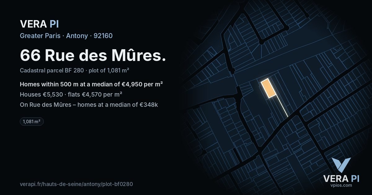 66 Rue des Mûres, Antony at night – the plot lit, the parcels around coloured by the prices near them