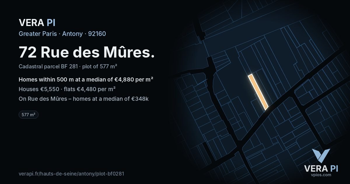 72 Rue des Mûres, Antony at night – the plot lit, the parcels around coloured by the prices near them