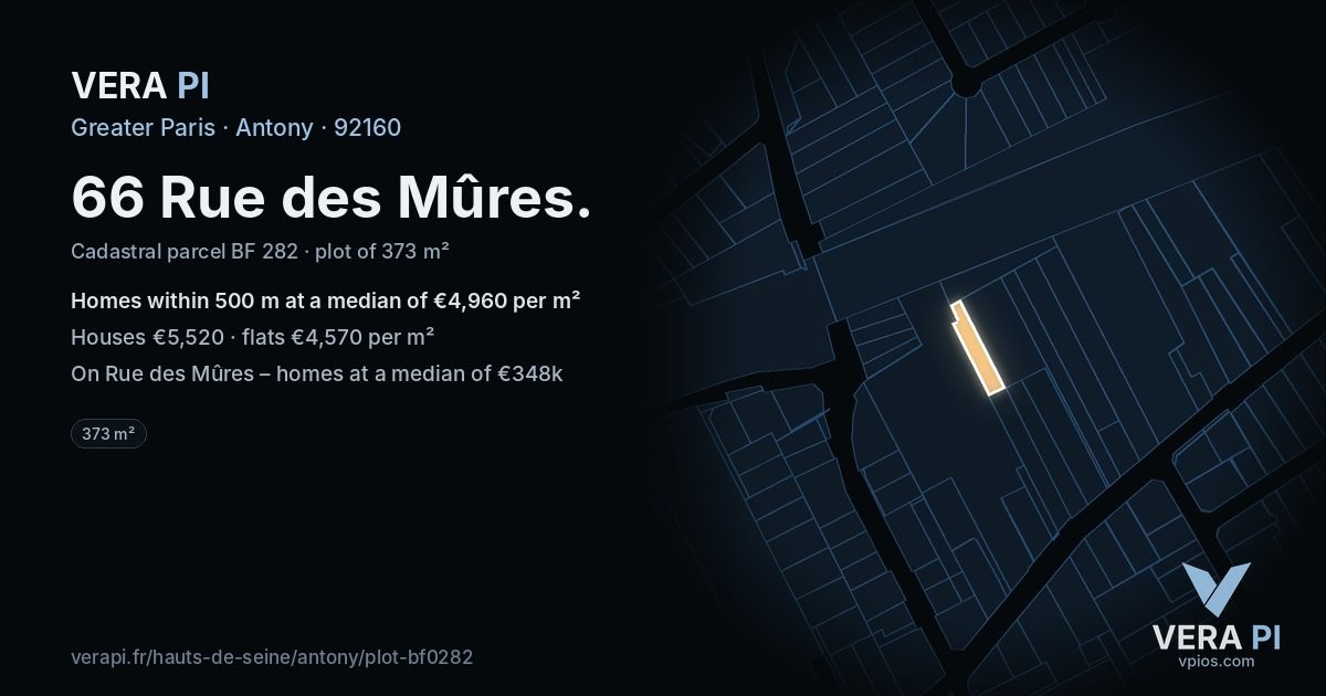 66 Rue des Mûres, Antony at night – the plot lit, the parcels around coloured by the prices near them