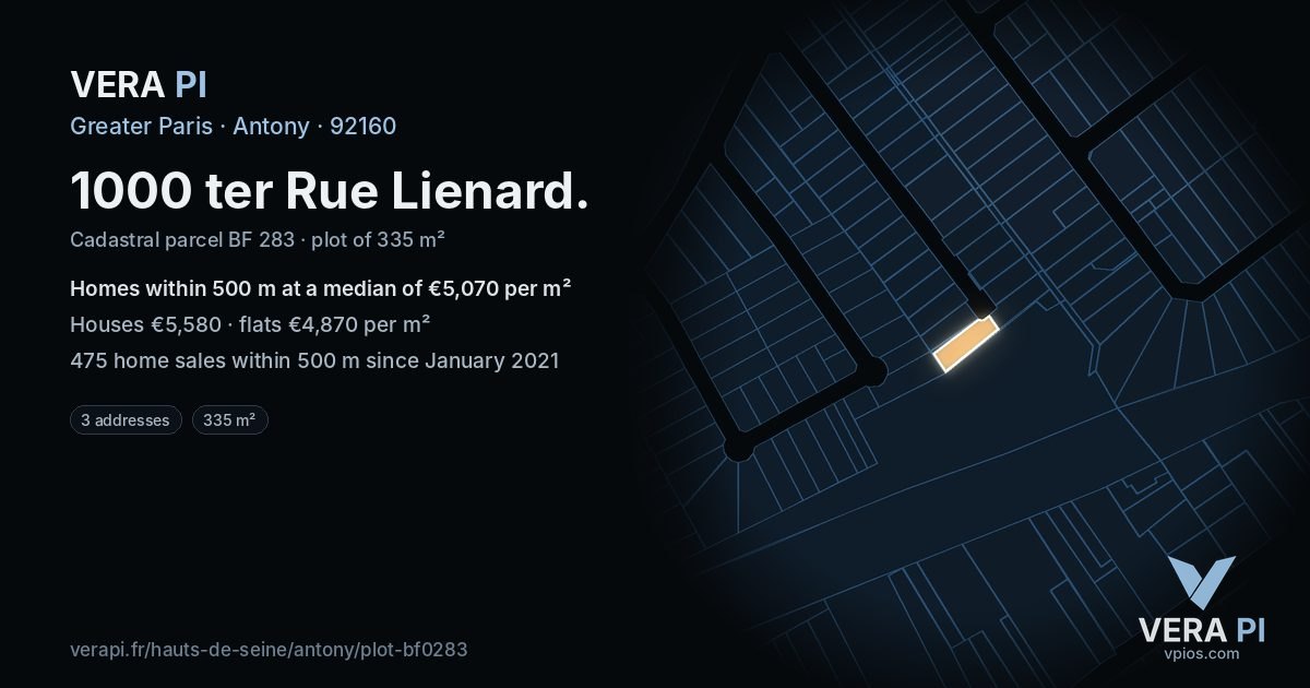 1000 ter Rue Lienard, Antony at night – the plot lit, the parcels around coloured by the prices near them