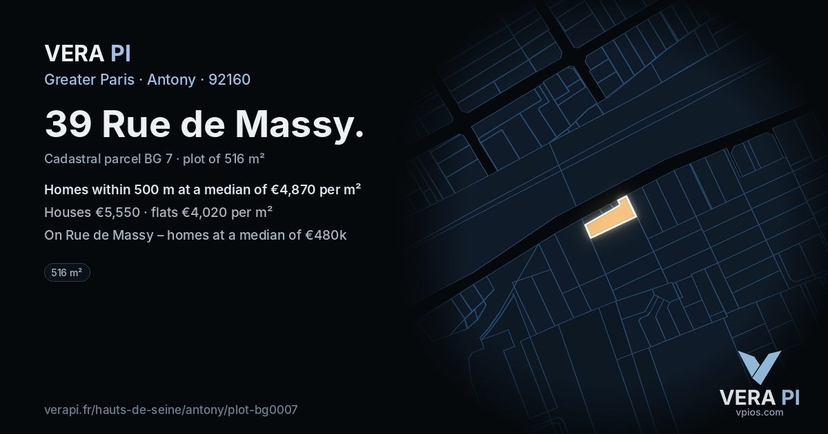 39 Rue de Massy, Antony at night – the plot lit, the parcels around coloured by the prices near them