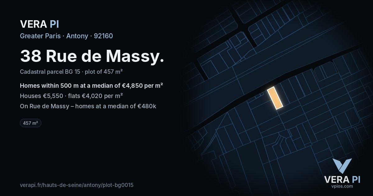 38 Rue de Massy, Antony at night – the plot lit, the parcels around coloured by the prices near them