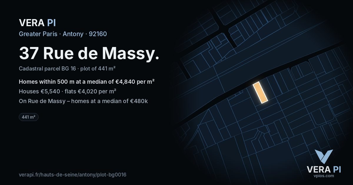 37 Rue de Massy, Antony at night – the plot lit, the parcels around coloured by the prices near them