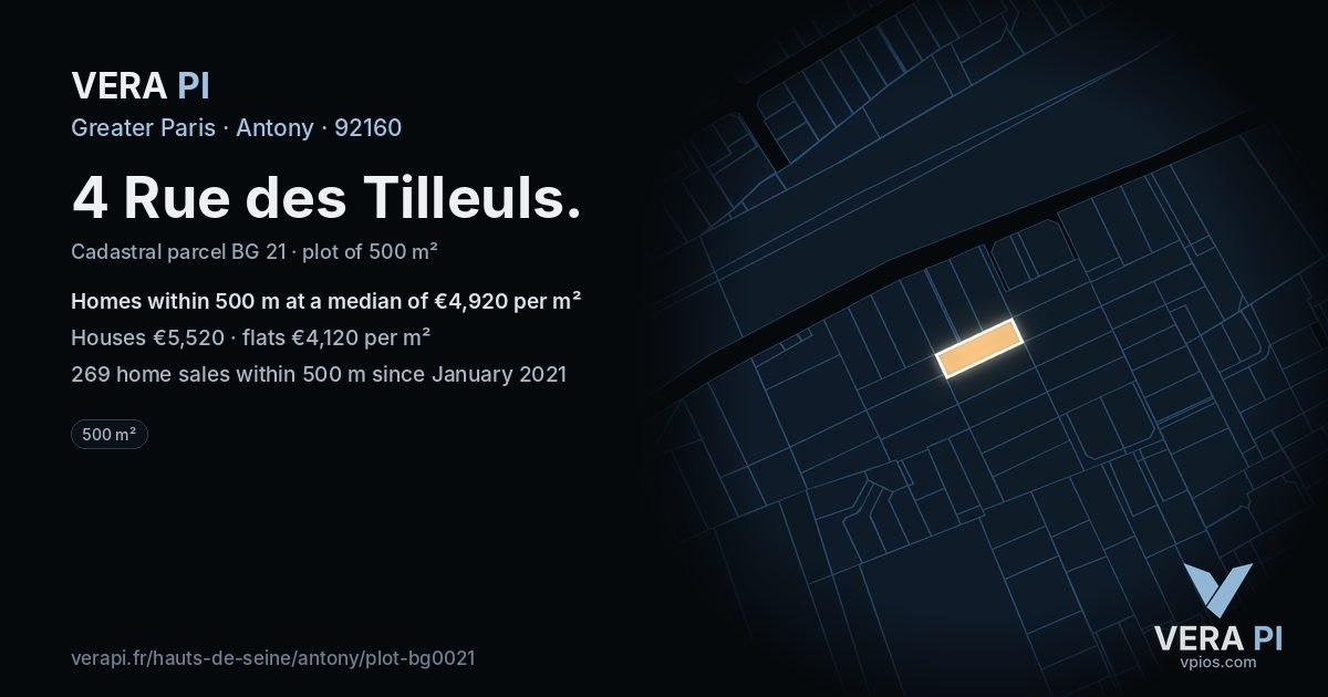 4 Rue des Tilleuls, Antony at night – the plot lit, the parcels around coloured by the prices near them