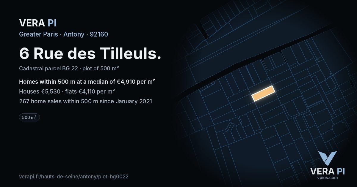 6 Rue des Tilleuls, Antony at night – the plot lit, the parcels around coloured by the prices near them