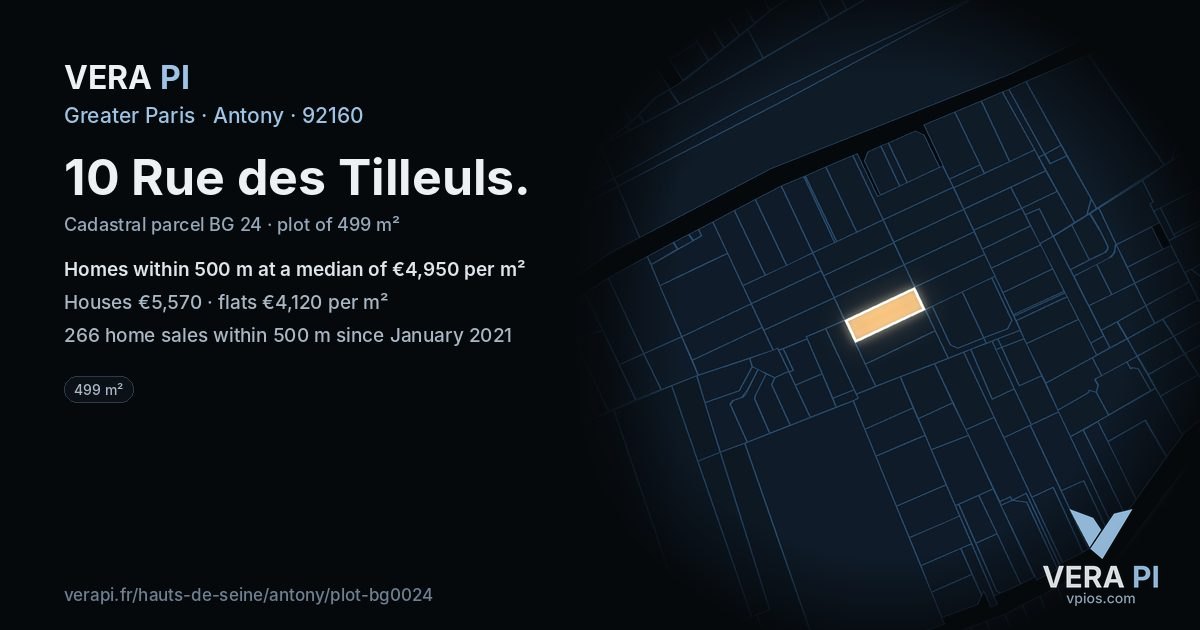 10 Rue des Tilleuls, Antony at night – the plot lit, the parcels around coloured by the prices near them