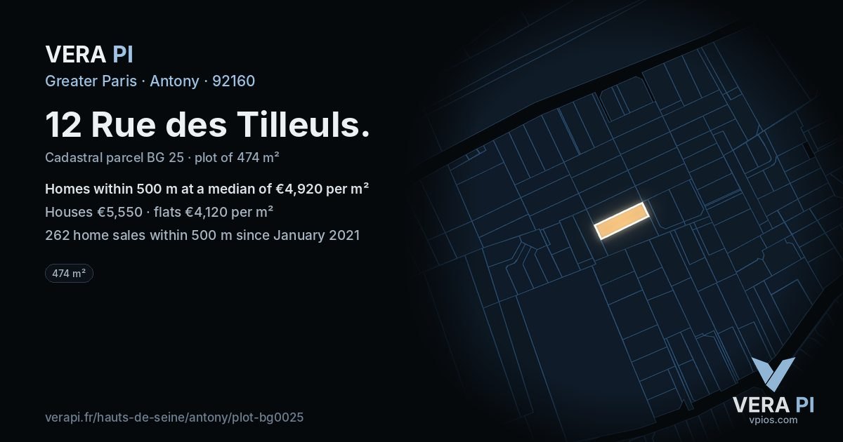 12 Rue des Tilleuls, Antony at night – the plot lit, the parcels around coloured by the prices near them
