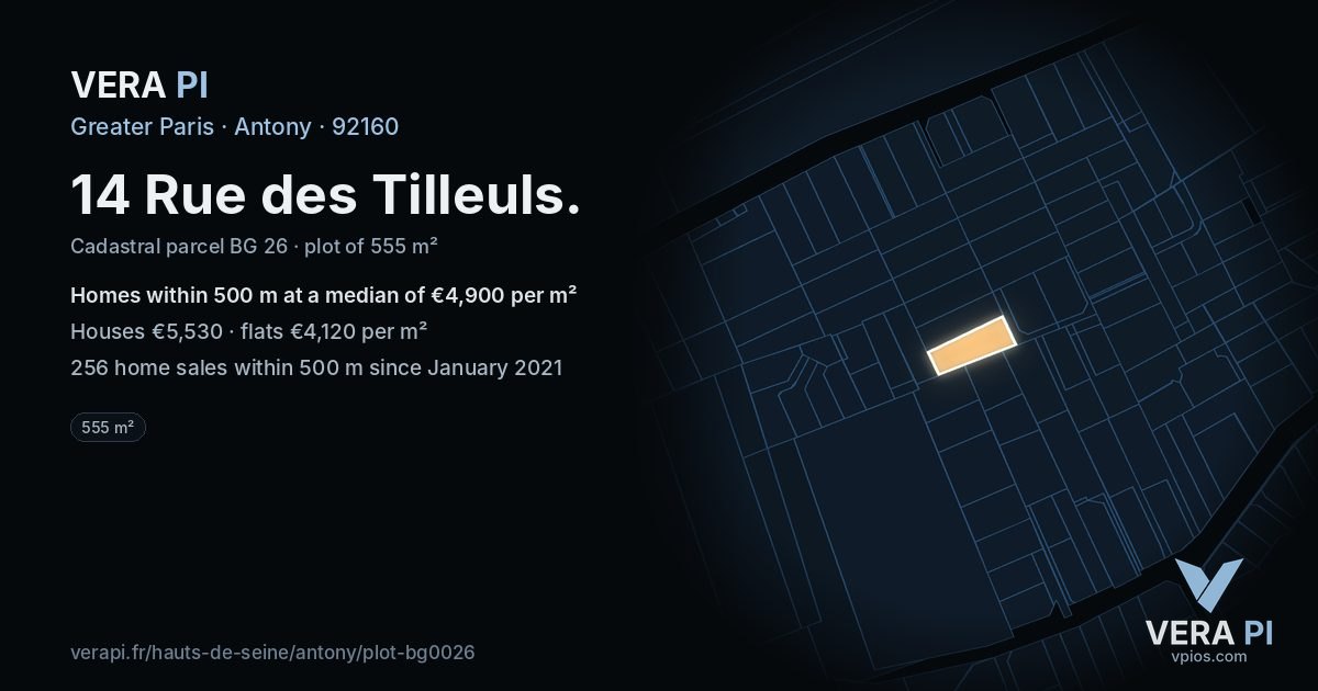 14 Rue des Tilleuls, Antony at night – the plot lit, the parcels around coloured by the prices near them