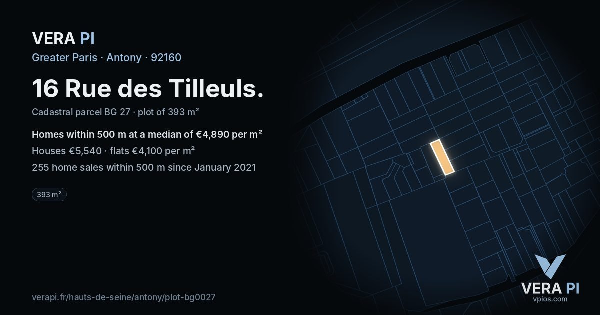 16 Rue des Tilleuls, Antony at night – the plot lit, the parcels around coloured by the prices near them