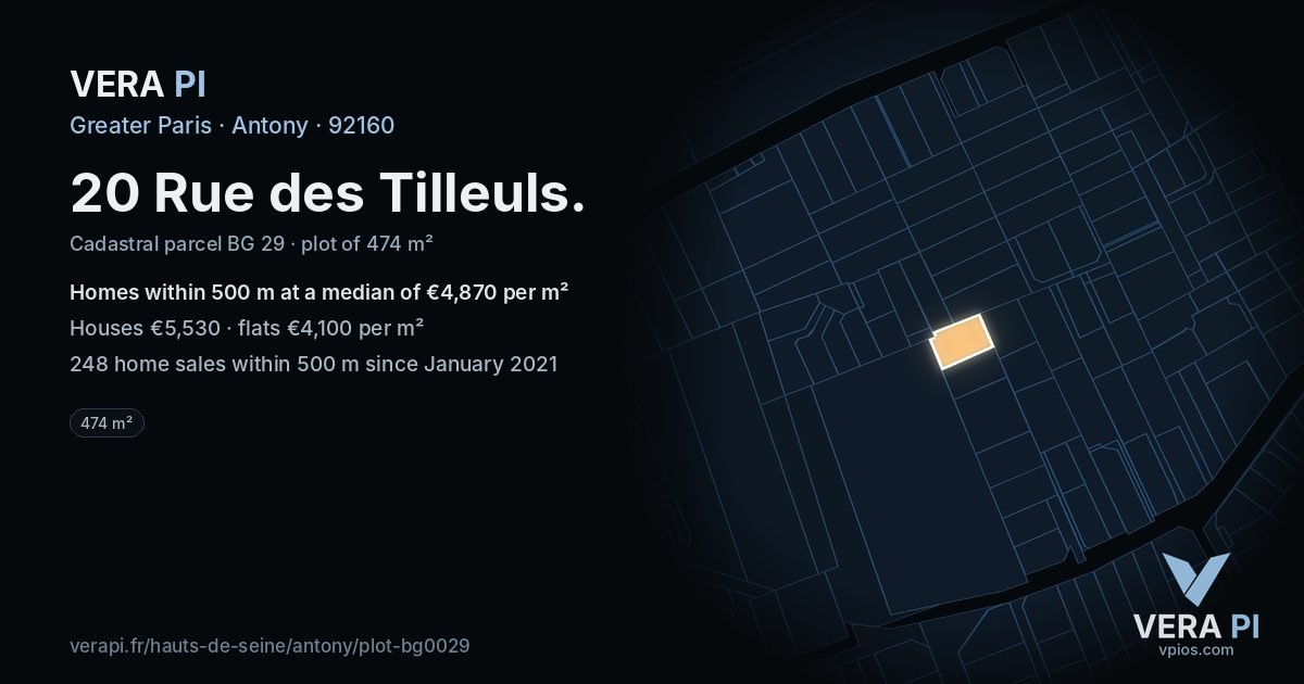 20 Rue des Tilleuls, Antony at night – the plot lit, the parcels around coloured by the prices near them