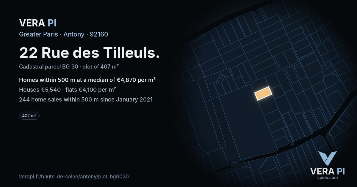 22 Rue des Tilleuls, Antony at night – the plot lit, the parcels around coloured by the prices near them