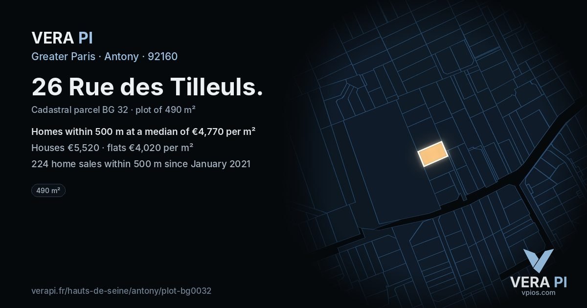 26 Rue des Tilleuls, Antony at night – the plot lit, the parcels around coloured by the prices near them
