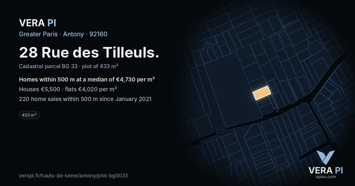 28 Rue des Tilleuls, Antony at night – the plot lit, the parcels around coloured by the prices near them