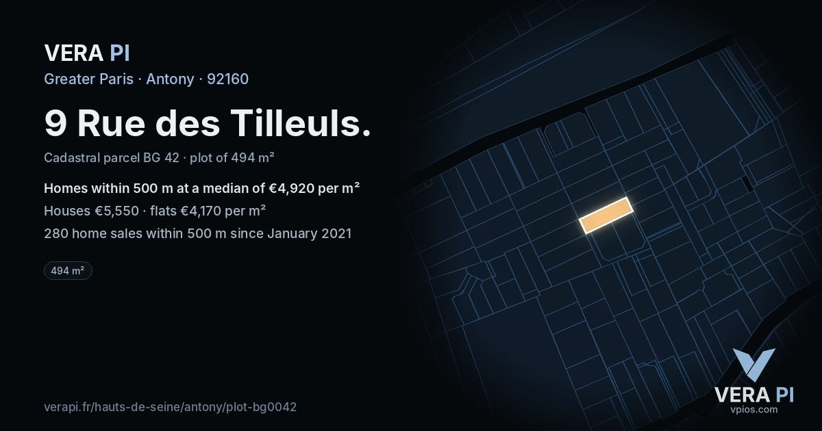 9 Rue des Tilleuls, Antony at night – the plot lit, the parcels around coloured by the prices near them