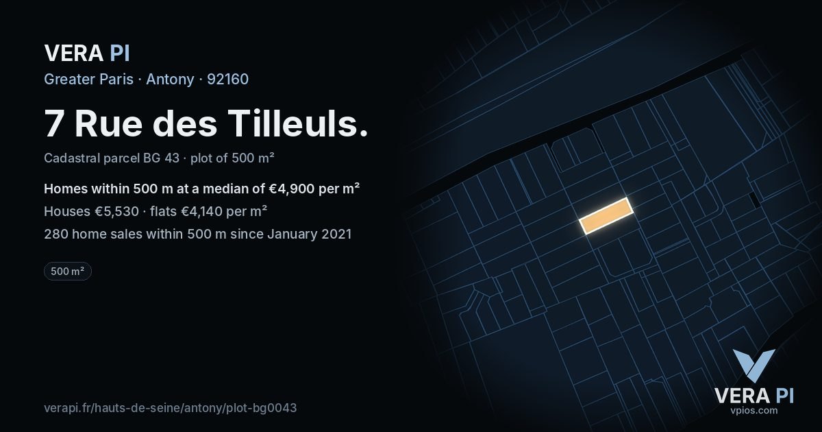 7 Rue des Tilleuls, Antony at night – the plot lit, the parcels around coloured by the prices near them