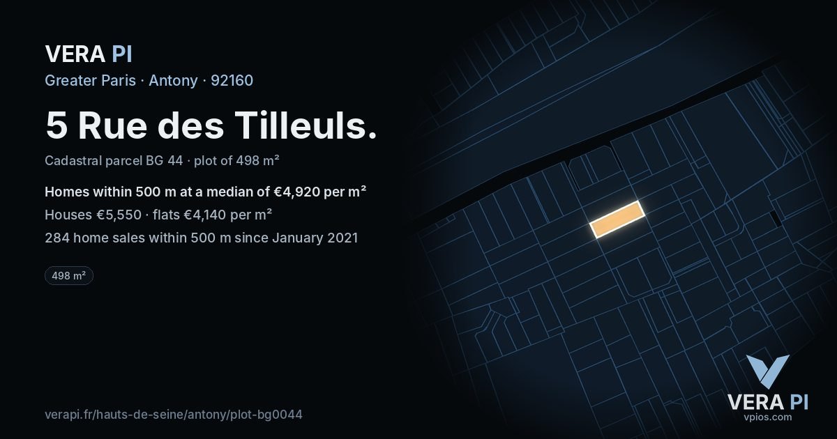 5 Rue des Tilleuls, Antony at night – the plot lit, the parcels around coloured by the prices near them
