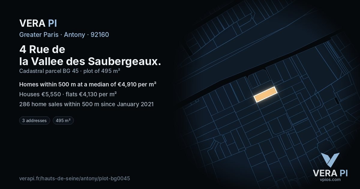 4 Rue de la Vallee des Saubergeaux, Antony at night – the plot lit, the parcels around coloured by the prices near them