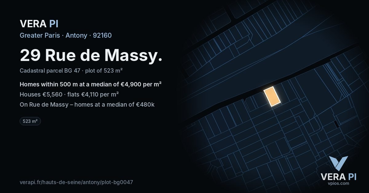 29 Rue de Massy, Antony at night – the plot lit, the parcels around coloured by the prices near them