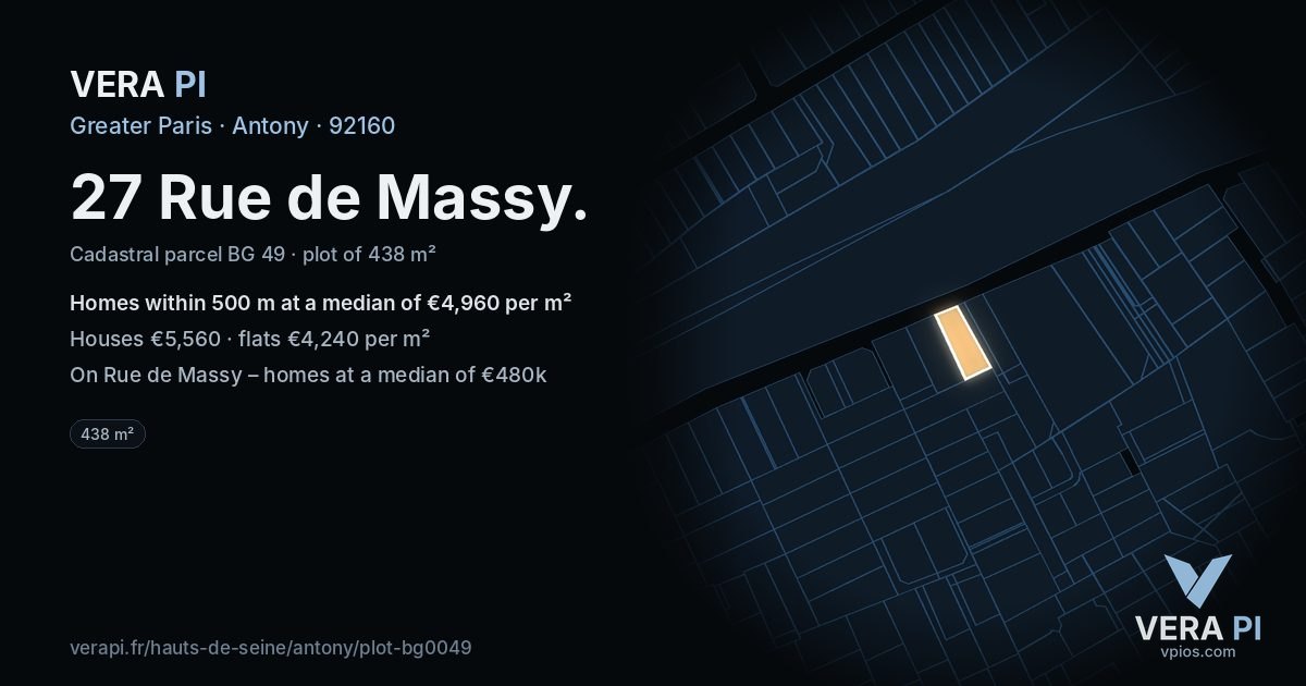 27 Rue de Massy, Antony at night – the plot lit, the parcels around coloured by the prices near them