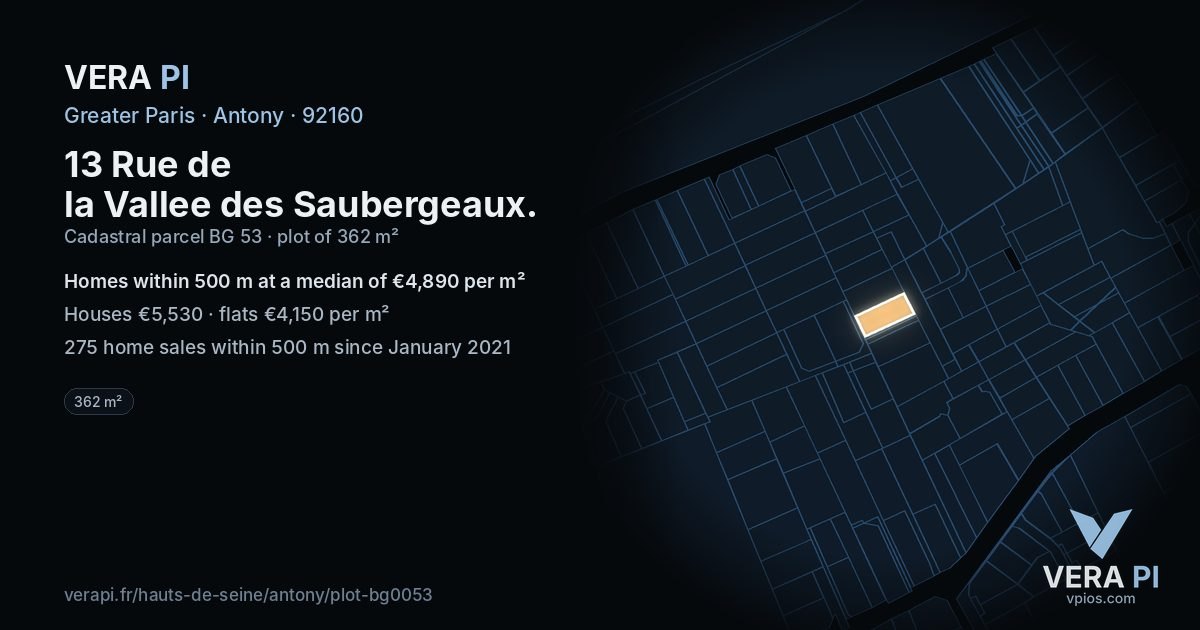 13 Rue de la Vallee des Saubergeaux, Antony at night – the plot lit, the parcels around coloured by the prices near them