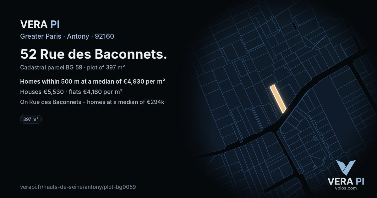 52 Rue des Baconnets, Antony at night – the plot lit, the parcels around coloured by the prices near them