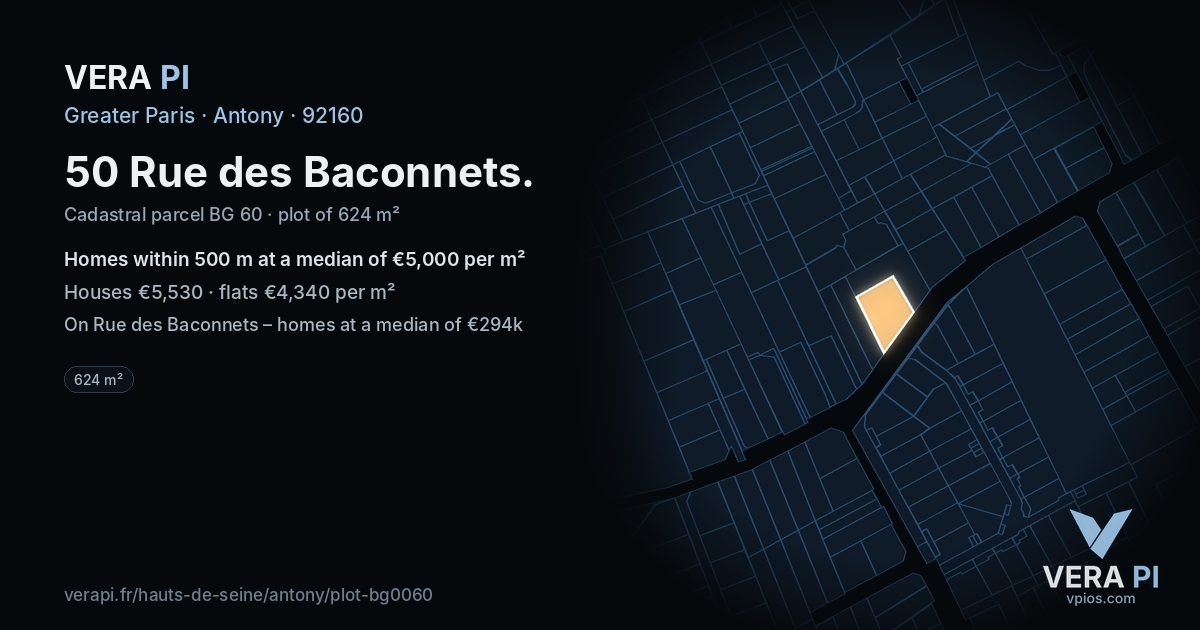 50 Rue des Baconnets, Antony at night – the plot lit, the parcels around coloured by the prices near them