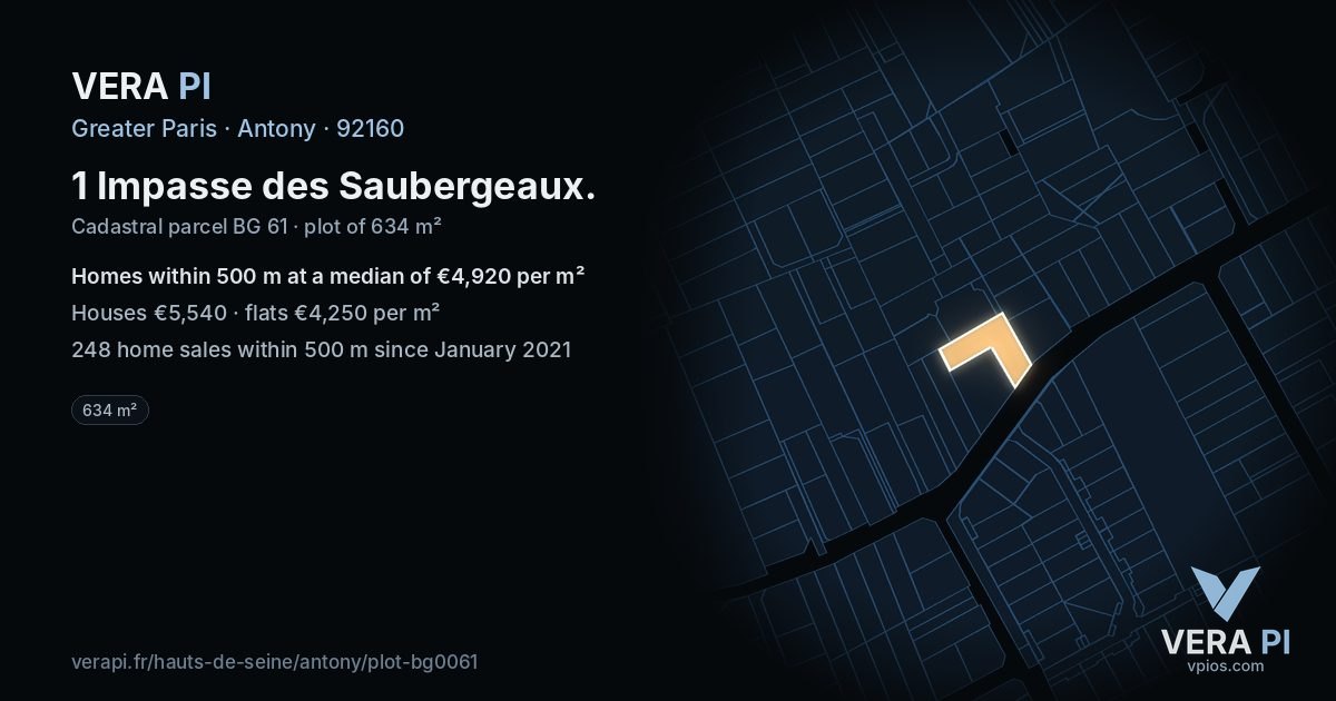 1 Impasse des Saubergeaux, Antony at night – the plot lit, the parcels around coloured by the prices near them