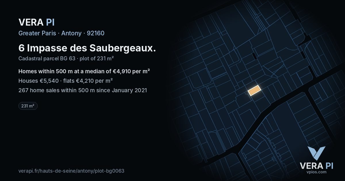6 Impasse des Saubergeaux, Antony at night – the plot lit, the parcels around coloured by the prices near them