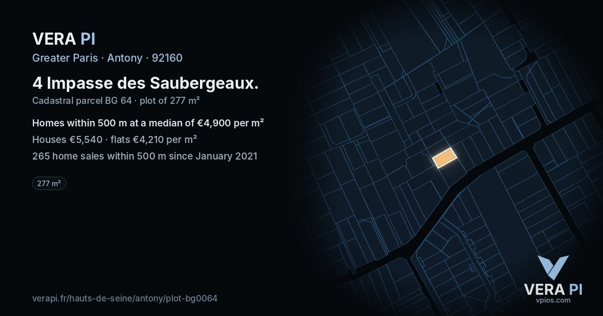 4 Impasse des Saubergeaux, Antony at night – the plot lit, the parcels around coloured by the prices near them