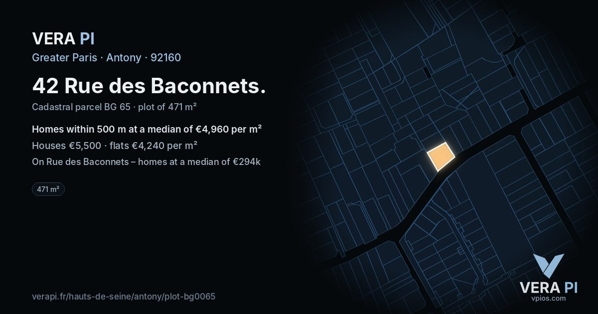 42 Rue des Baconnets, Antony at night – the plot lit, the parcels around coloured by the prices near them