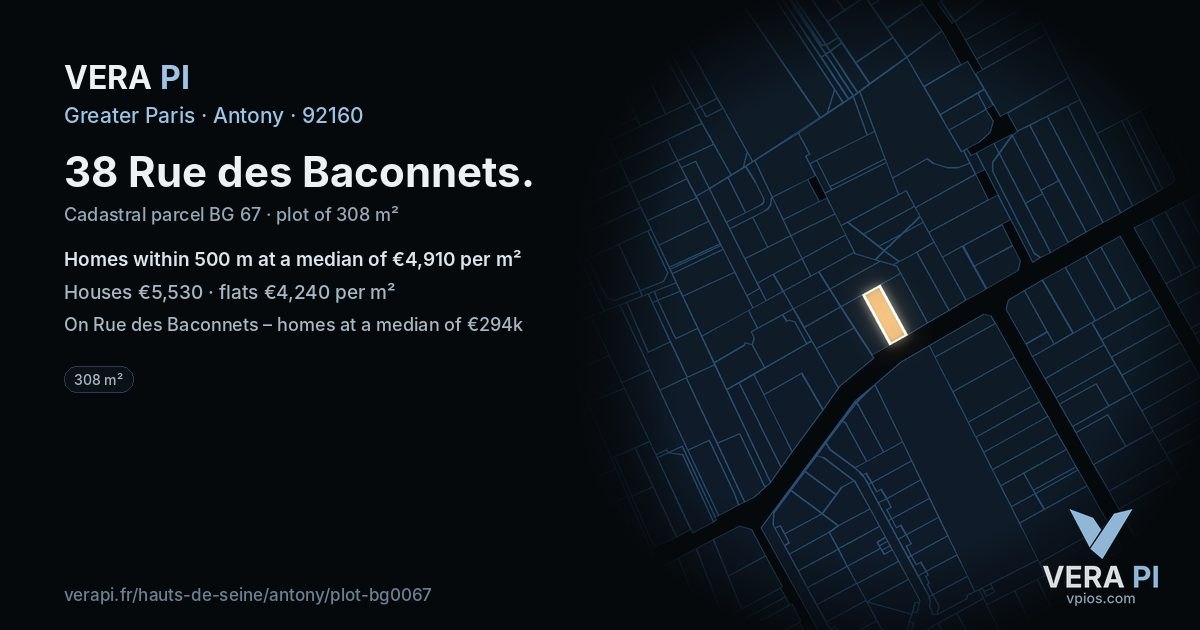 38 Rue des Baconnets, Antony at night – the plot lit, the parcels around coloured by the prices near them