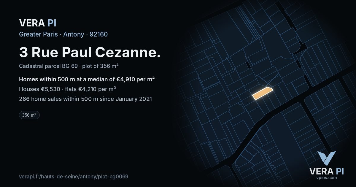 3 Rue Paul Cezanne, Antony at night – the plot lit, the parcels around coloured by the prices near them