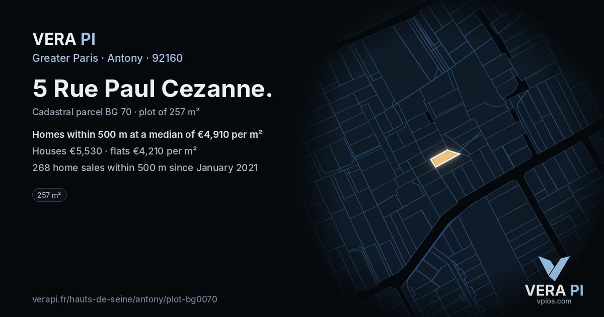 5 Rue Paul Cezanne, Antony at night – the plot lit, the parcels around coloured by the prices near them