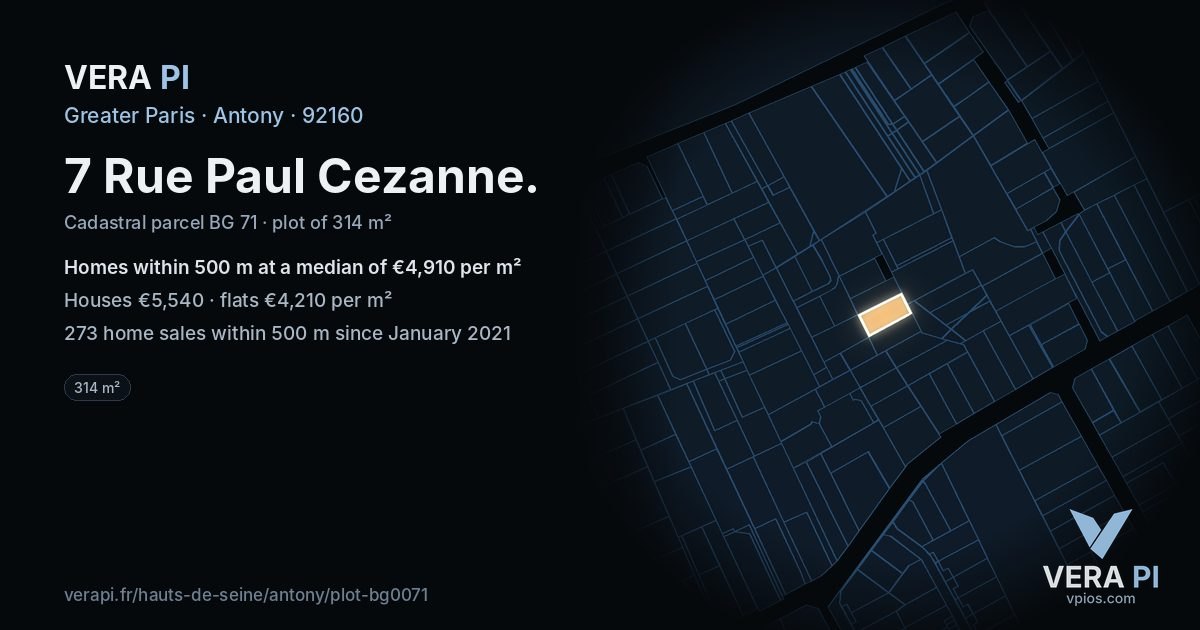 7 Rue Paul Cezanne, Antony at night – the plot lit, the parcels around coloured by the prices near them