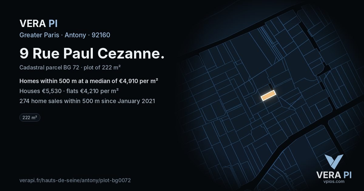 9 Rue Paul Cezanne, Antony at night – the plot lit, the parcels around coloured by the prices near them