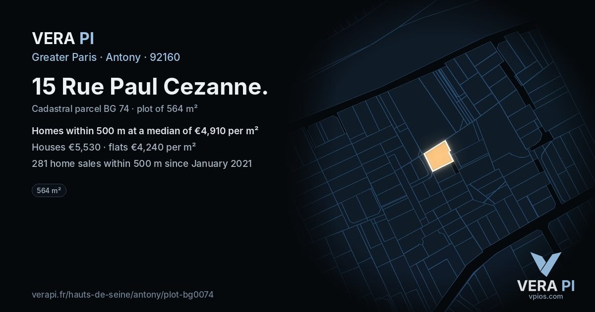 15 Rue Paul Cezanne, Antony at night – the plot lit, the parcels around coloured by the prices near them