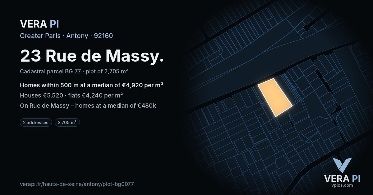 23 Rue de Massy, Antony at night – the plot lit, the parcels around coloured by the prices near them