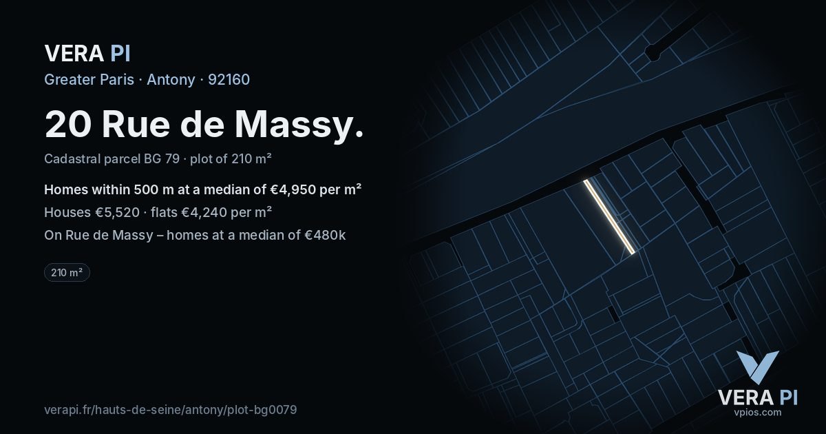 20 Rue de Massy, Antony at night – the plot lit, the parcels around coloured by the prices near them
