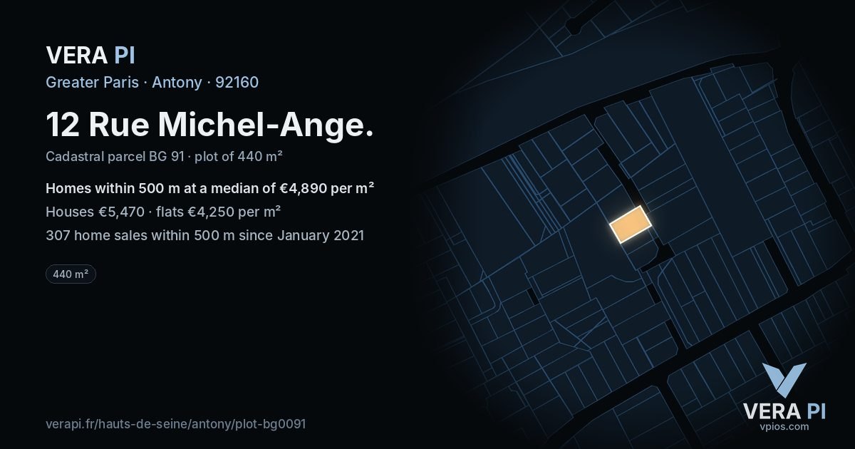 12 Rue Michel-Ange, Antony at night – the plot lit, the parcels around coloured by the prices near them
