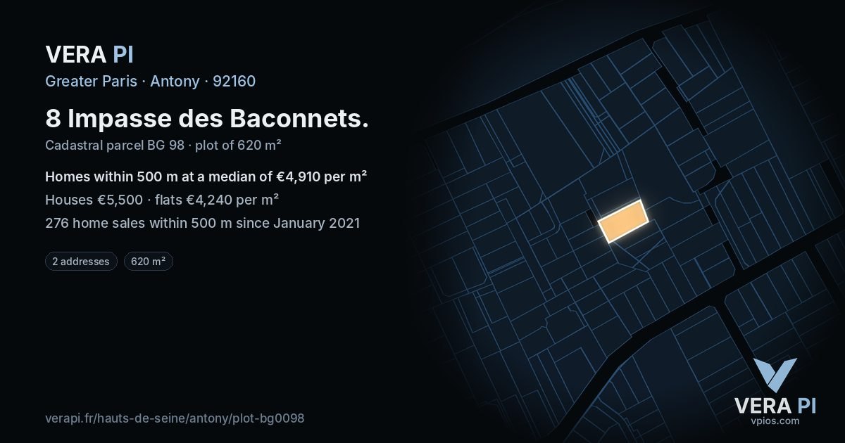 8 Impasse des Baconnets, Antony at night – the plot lit, the parcels around coloured by the prices near them