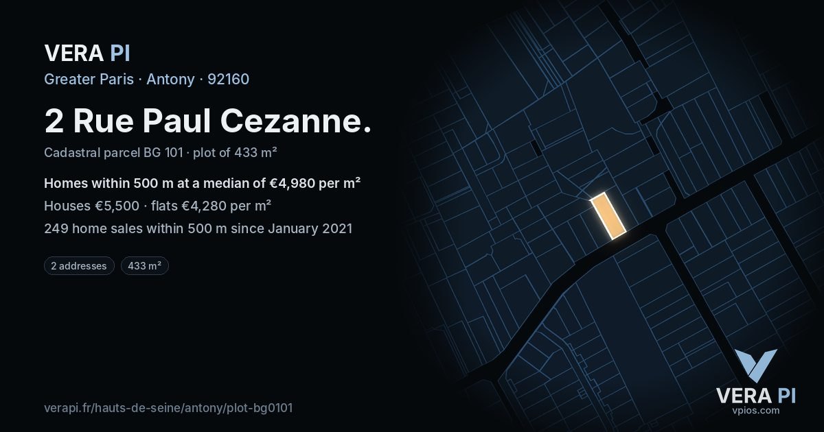 2 Rue Paul Cezanne, Antony at night – the plot lit, the parcels around coloured by the prices near them