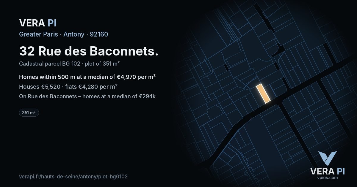 32 Rue des Baconnets, Antony at night – the plot lit, the parcels around coloured by the prices near them