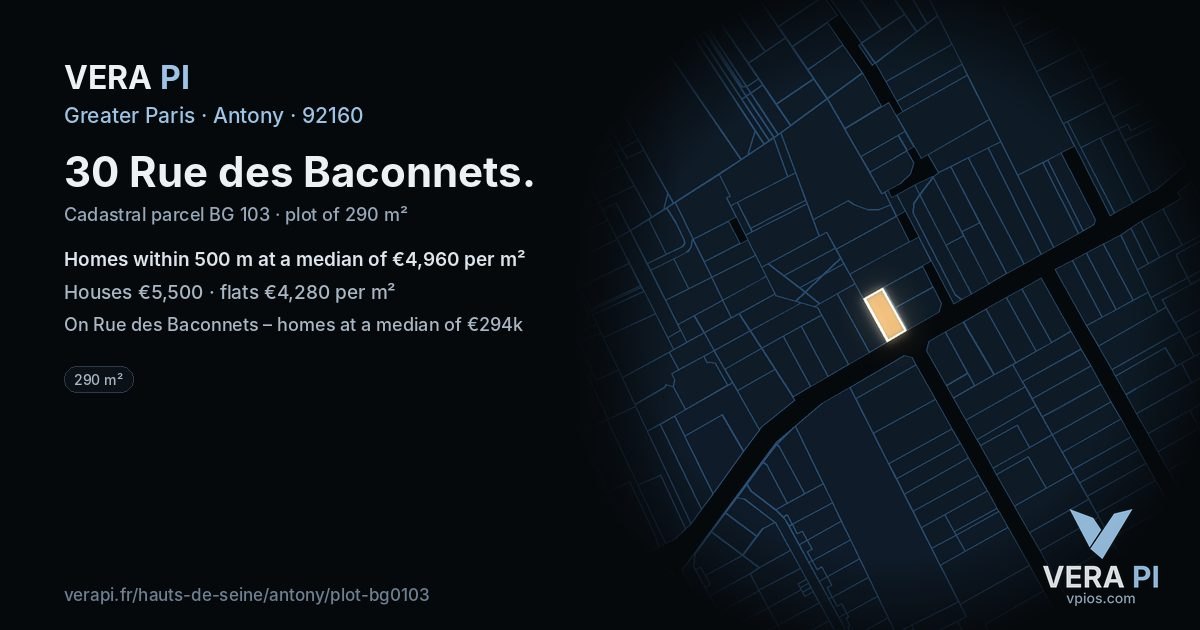 30 Rue des Baconnets, Antony at night – the plot lit, the parcels around coloured by the prices near them