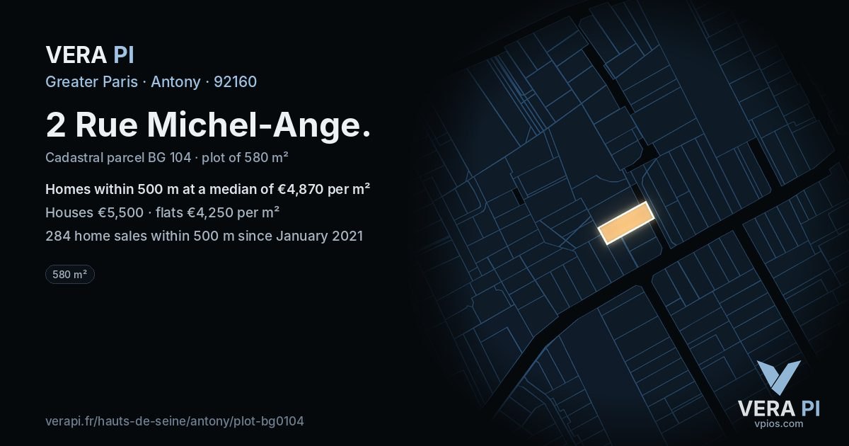 2 Rue Michel-Ange, Antony at night – the plot lit, the parcels around coloured by the prices near them